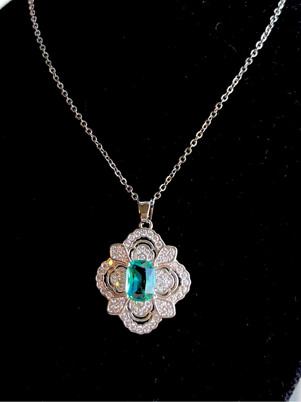 Lab Created Green Gem with Floral Design Pendant Necklace